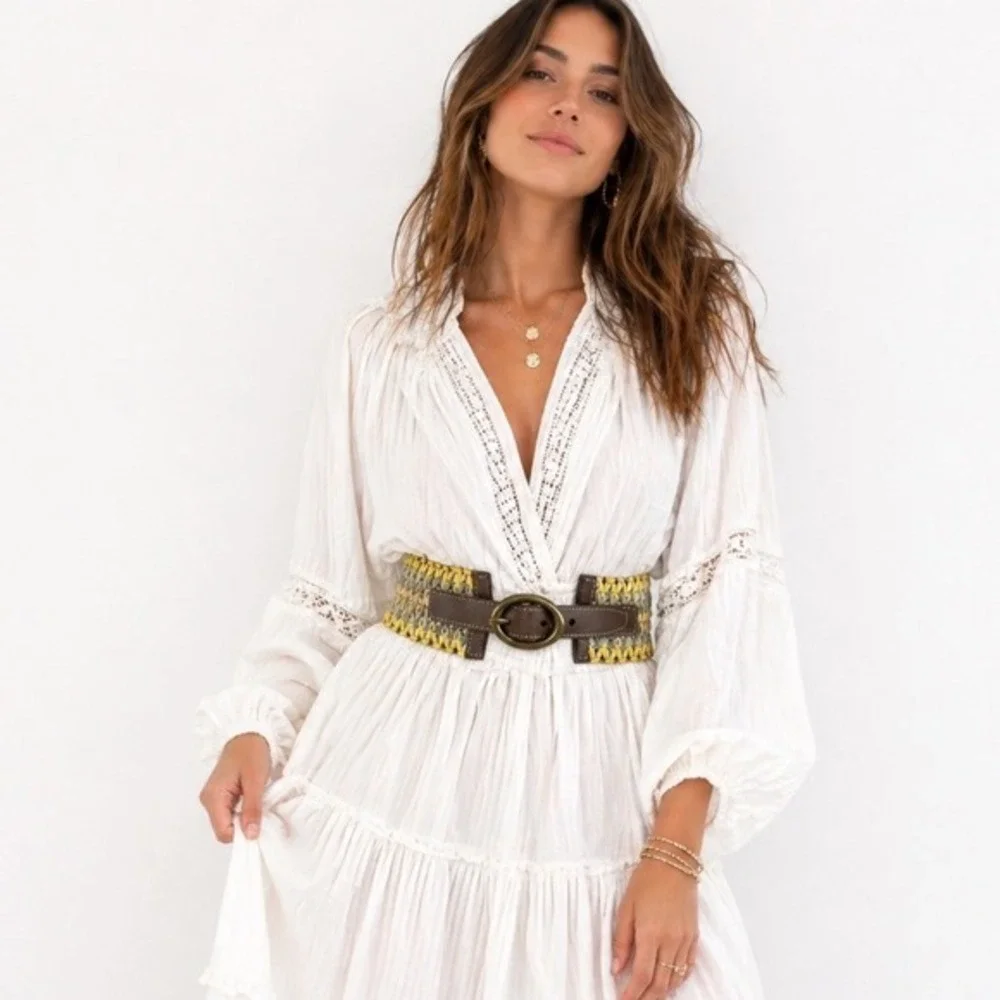 Loft Woven Stretch Belt Yellow Tan Brown Braided Cinch L Bohemian Chic 70-02-01